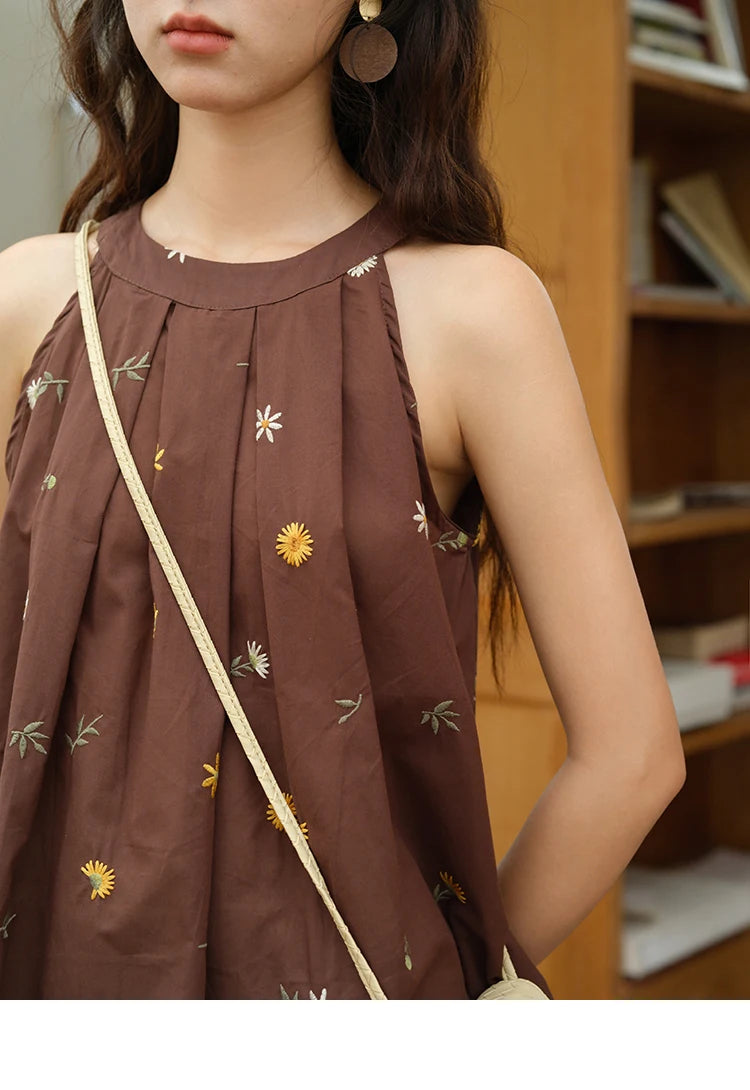 Mishow Embroidery Hanging Neck Sleeveless Top & Khaki Wide Leg Pants Set MXE39T0713