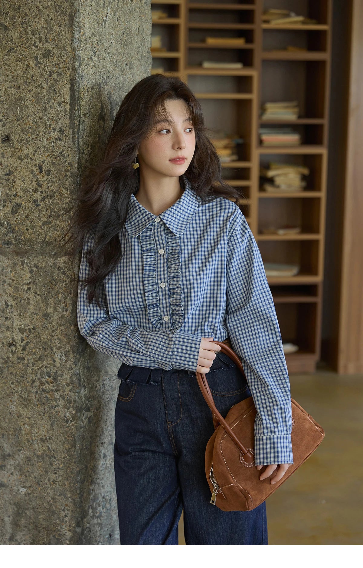 MISHOW Blue Plaid Cotton Shirt Doll Collar Dropped Shoulder MXE44C2391