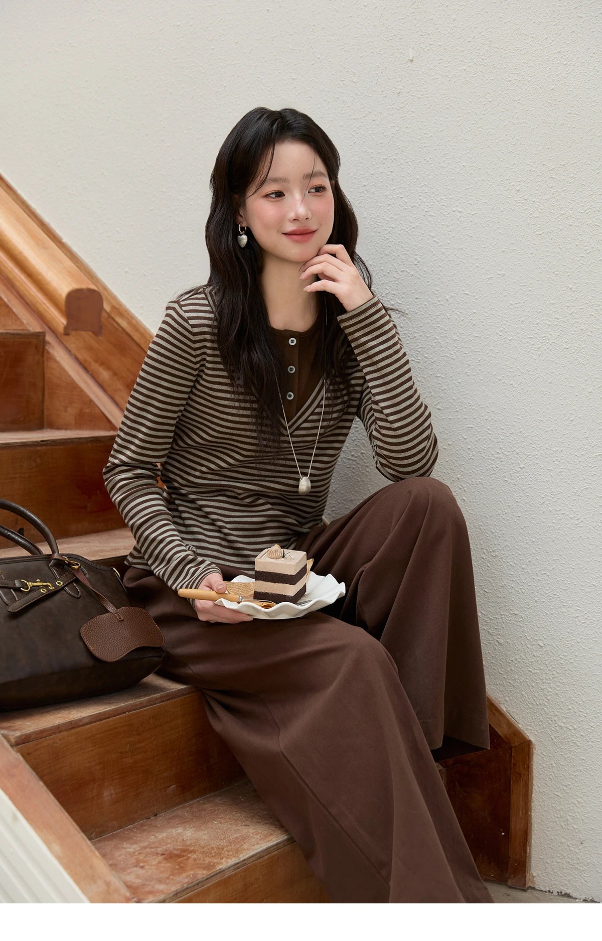 MISHOW Brown Wide-Leg Pants High Waist Drape Trousers MXE51K1094