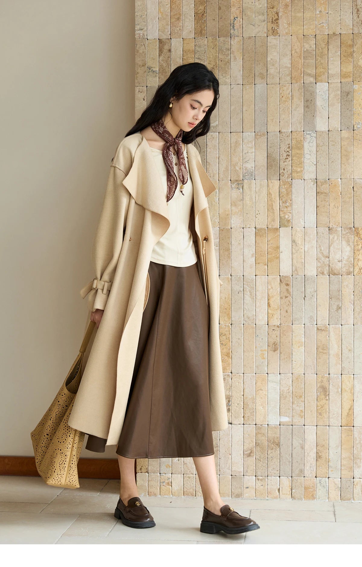 Mishow Drawstring Waist Large Lapel Mid-Length Woolen Coat MXE45W0841
