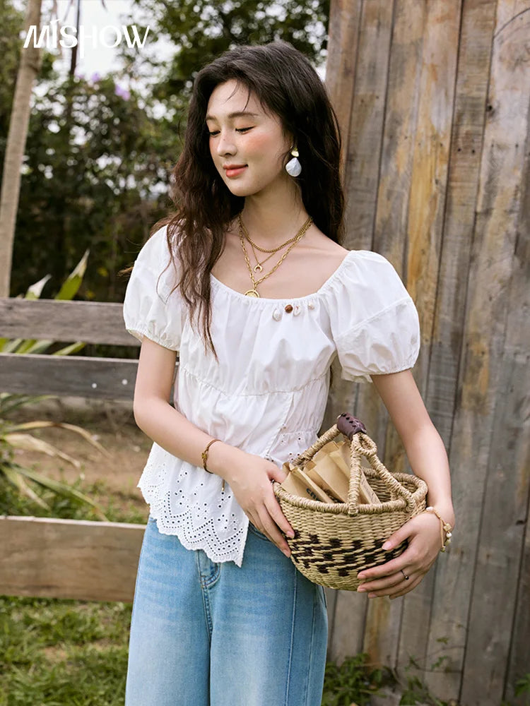 MISHOW Solid Short Puff Sleeve Blouse Hem Hollow Beading MXE33X1776