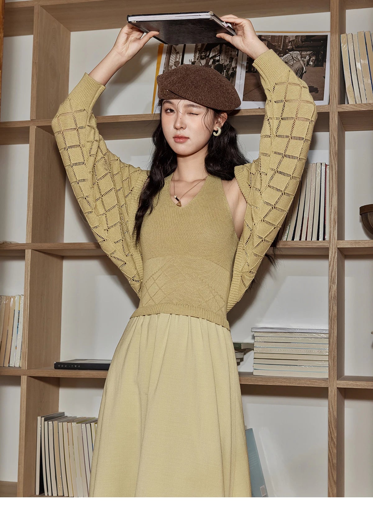Mishow Hanging Neck Dress & Hollow Knit Cardigan Set MPD42L2040