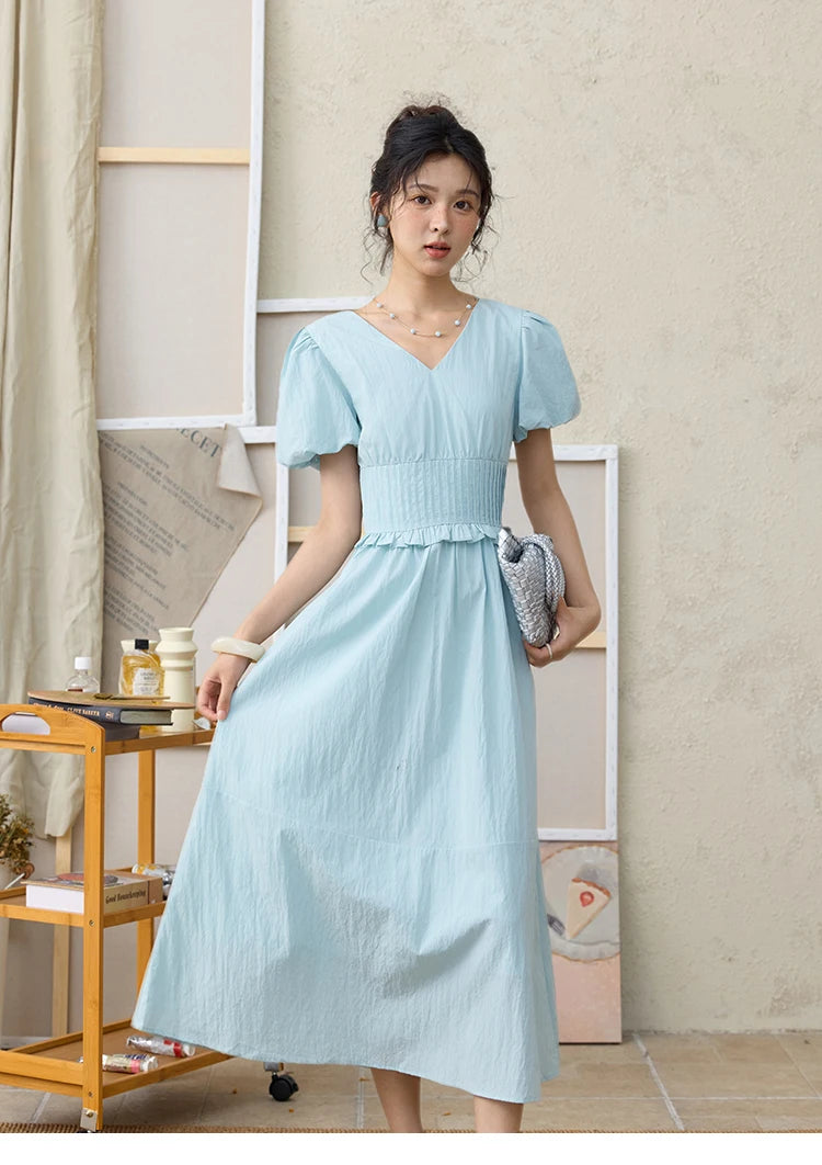 Mishow French Puff Sleeve V-Neck Cotton Dress MXE34L2288