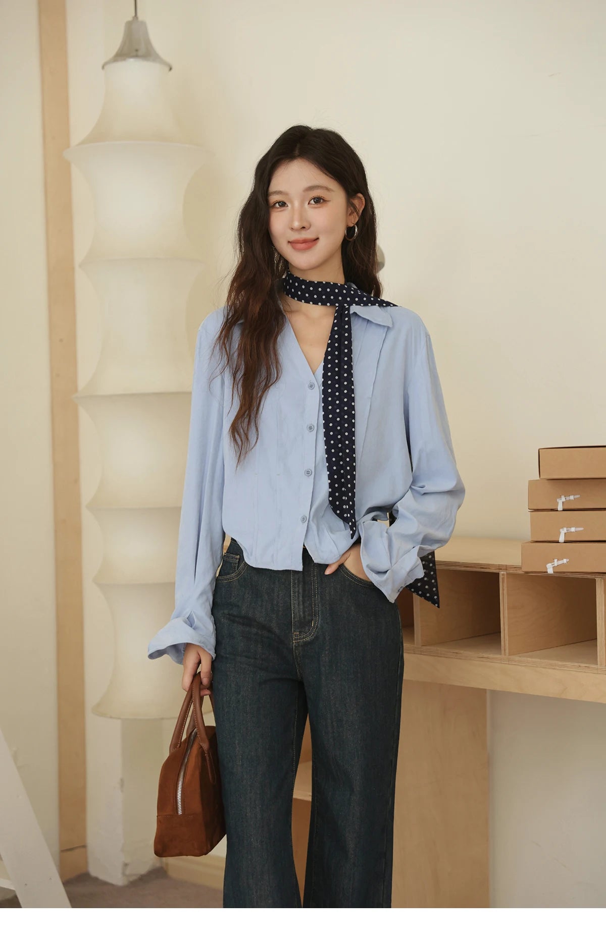 MISHOW Blue Peach Skin Velvet Shirt Lapel V-Neck Pleated Cuffs MXE44C2392