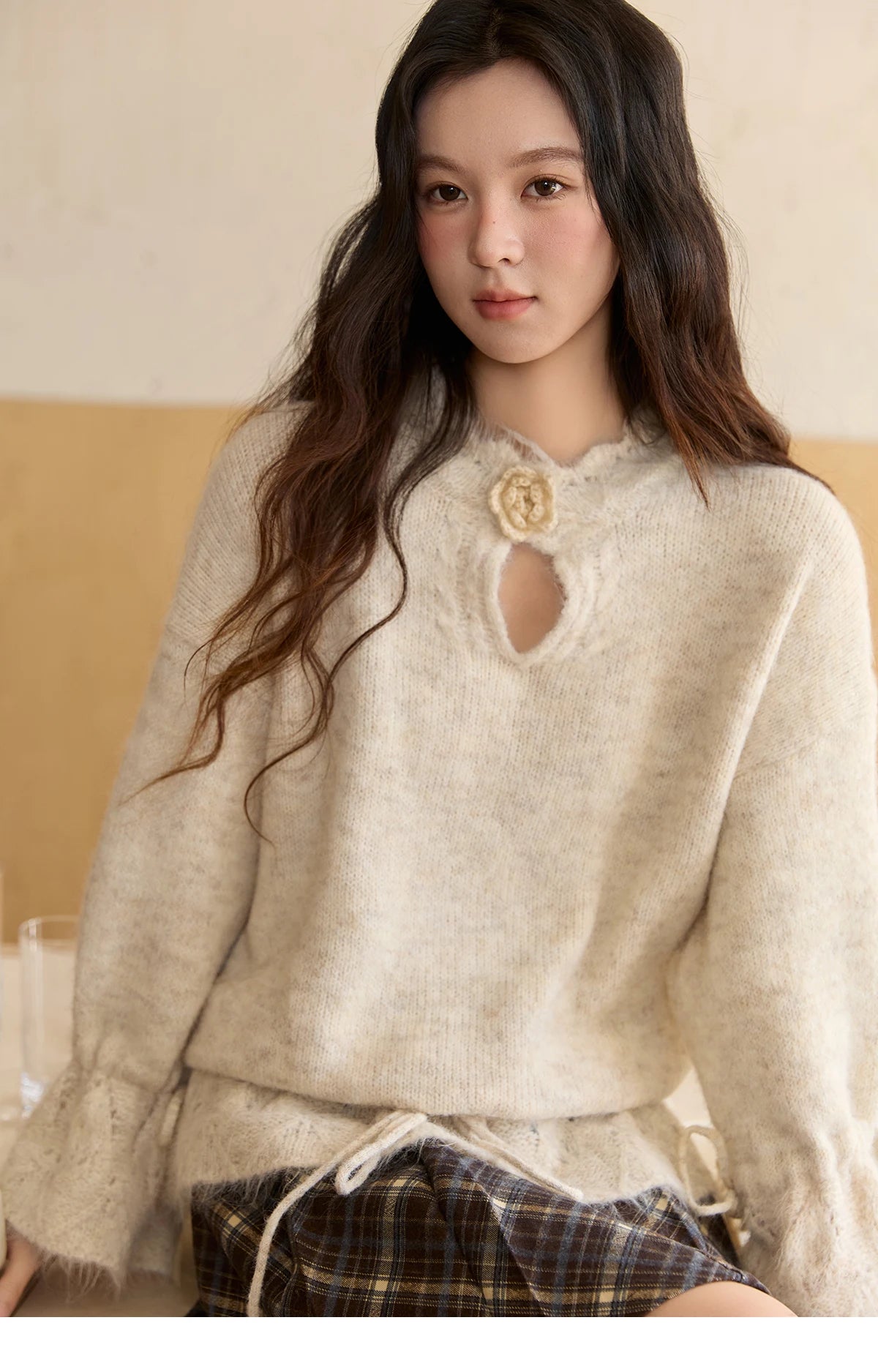 Mishow Apricot Drawstring 3D Flower Hollow Sweater MXE88Z2709