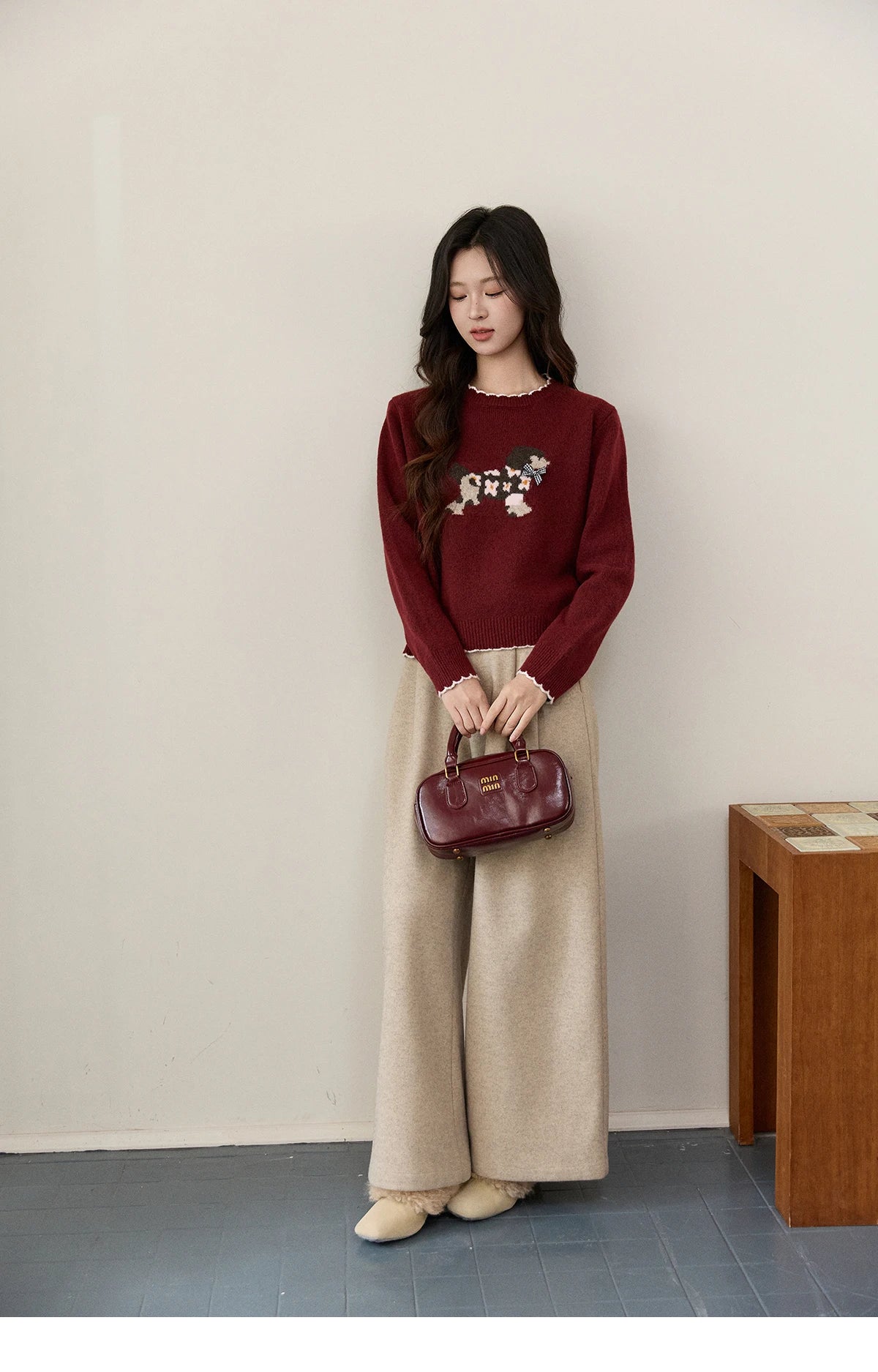 Mishow Burgundy Poodle Pattern Ruffled Trim Pullover MXE93Z2949