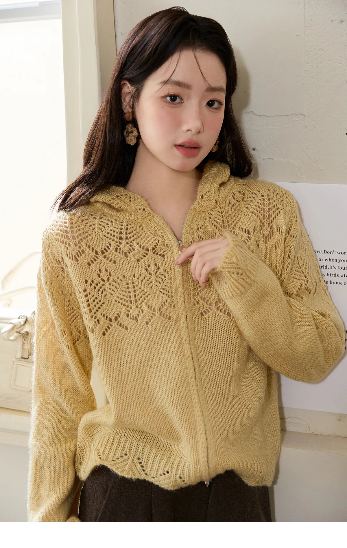 Mishow Yellow Hooded Zipper Hollow Cardigan MXE46Z2584