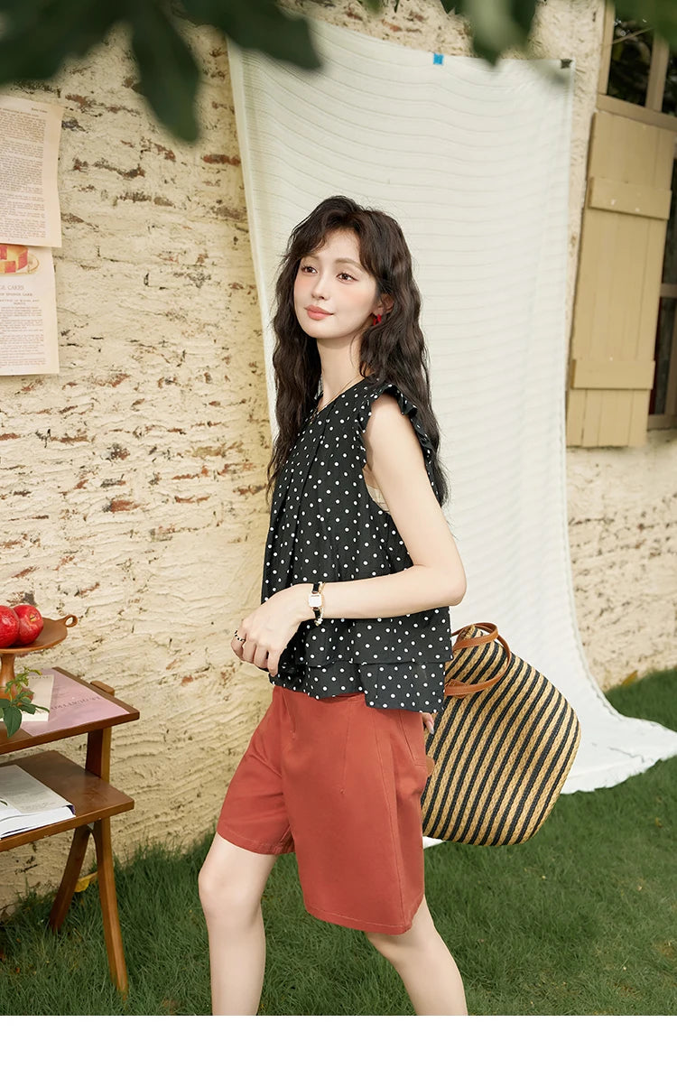 MISHOW Red Casual Shorts High Waist Loose Straight Leg Pockets MXD25K0679