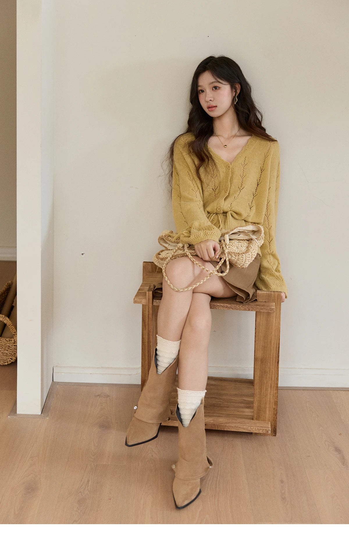Mishow Yellow Hollow V-Neck Drawstring Cardigan MXF108Z1022