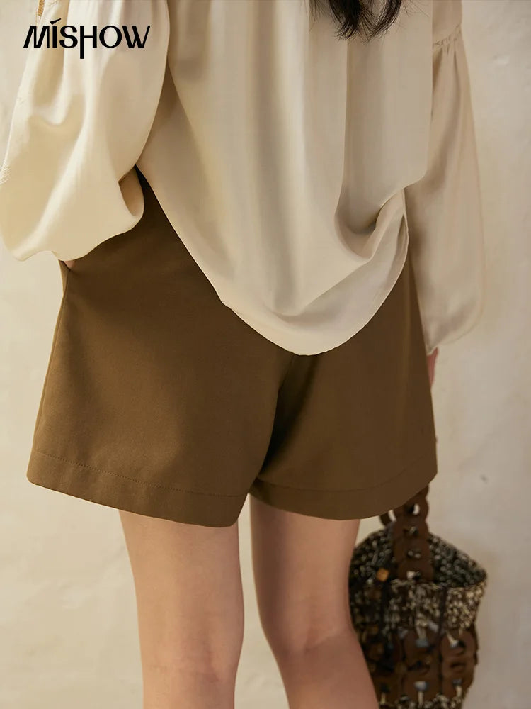Mishow Brown High Waist I-Shaped Pleated Hook Buckle Shorts MXE41K1022