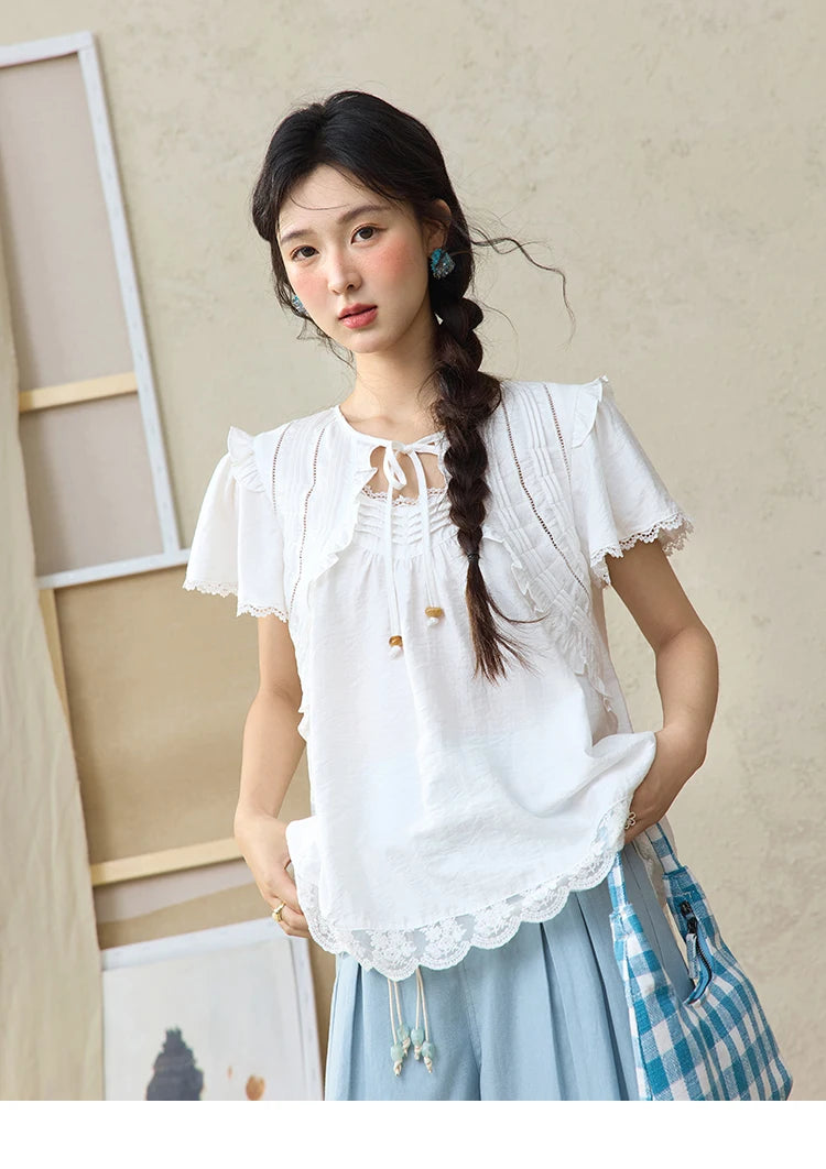 MISHOW White Lace Up Blouse Butterfly Sleeve Hollow Lace MXE34X1784