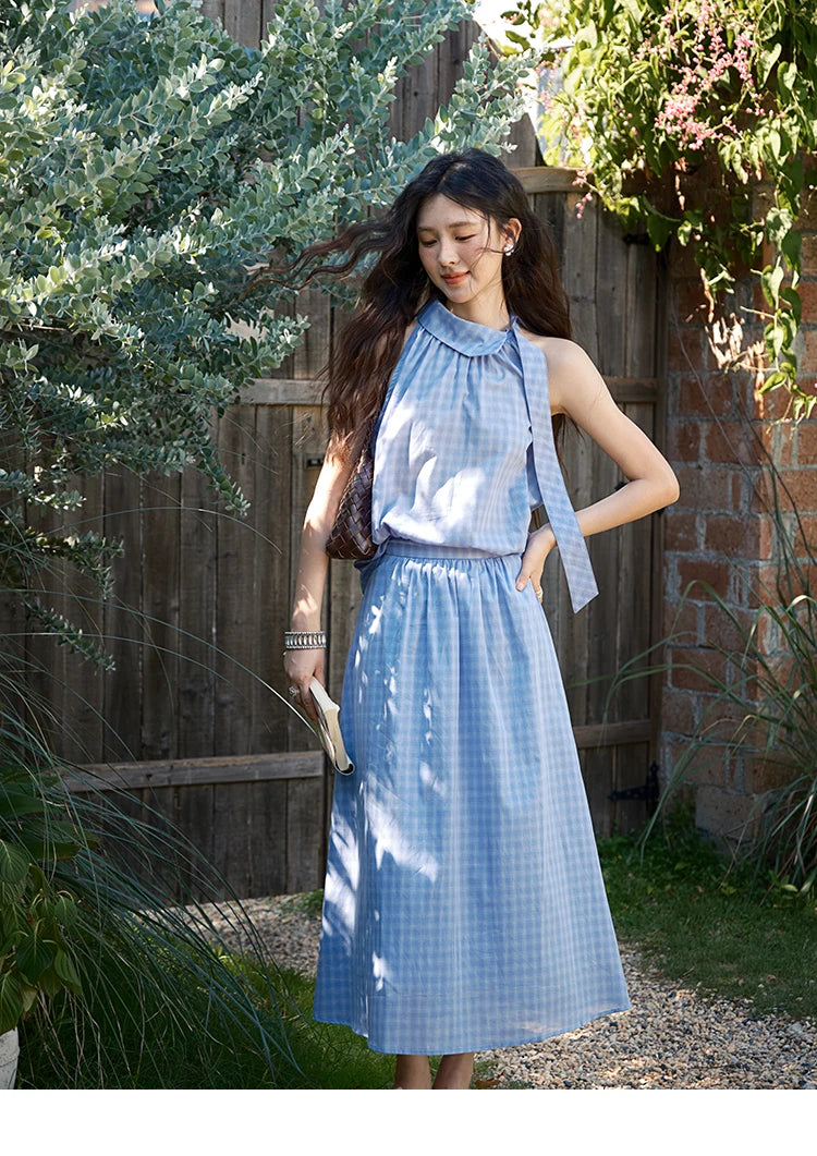 Mishow Plaid Hanging Neck Button Top & A-Line Skirt Set MXE39T0711