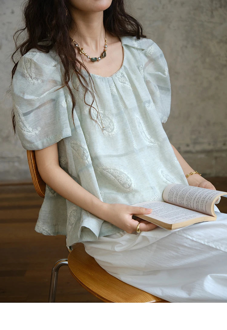 MISHOW O-Neck Print Blouse Embroidery Puff Sleeve Loose MXE34X1807