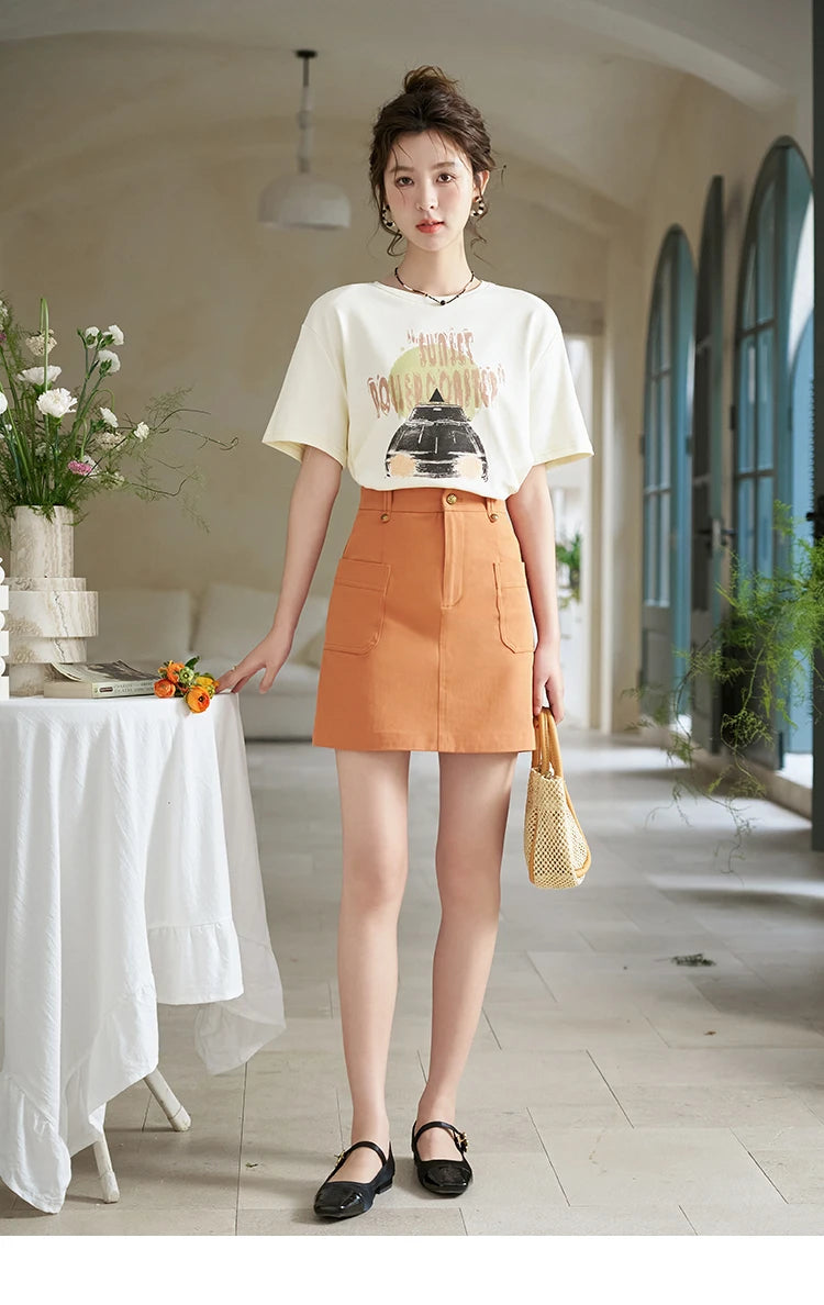 Mishow Orange High Waist Slim A-Line Pocket Skirt MXD13B0264