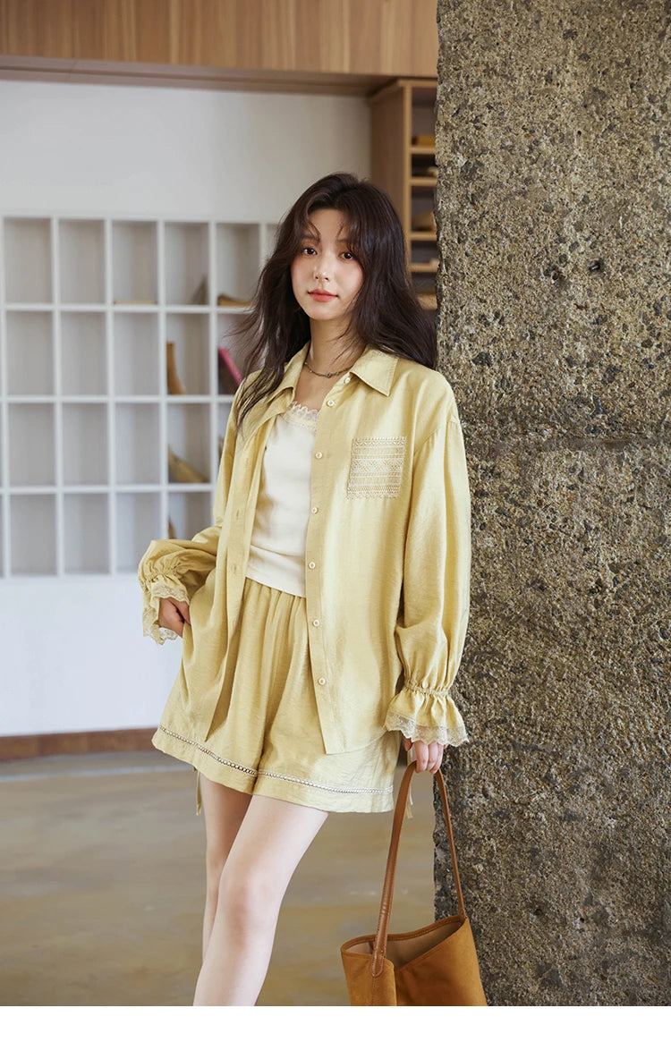 Mishow Yellow Linen Lace Shirt & Camisole & Shorts Three-Piece Set MXE42T0718