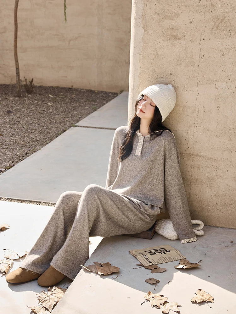 Mishow Lace Splicing Hooded Sweatshirt & Wide Leg Pants Set MXD34V0098