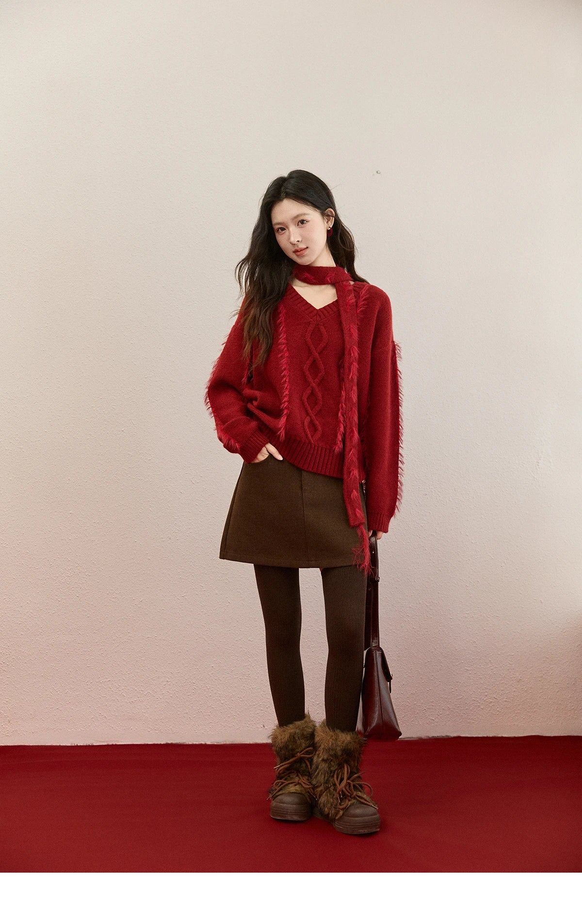 Mishow Burgundy Christmas Mink Fur Tassel Sweater MXE93Z2809