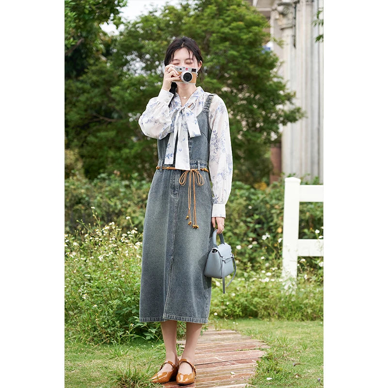 MISHOW Retro Denim Strap Pocket Midi Dress MXD14L1817
