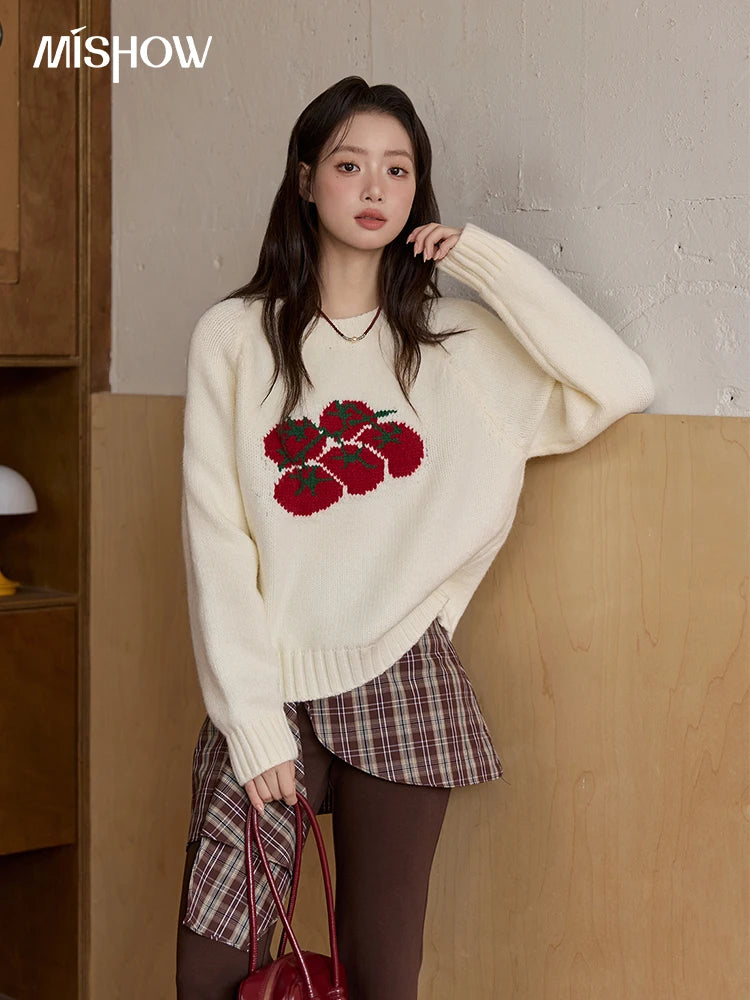 Mishow Off-White Tomato Jacquard Loose Pullover MXE51Z2692