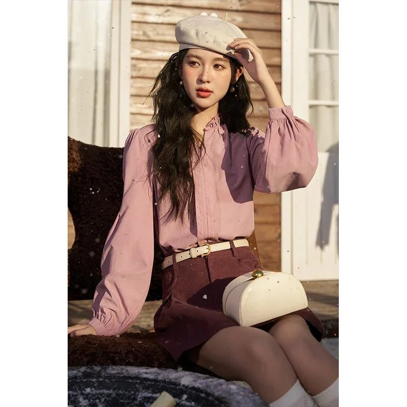 MISHOW Button Up Lantern Sleeve Shirt Ruffle Neck MXC56X1320