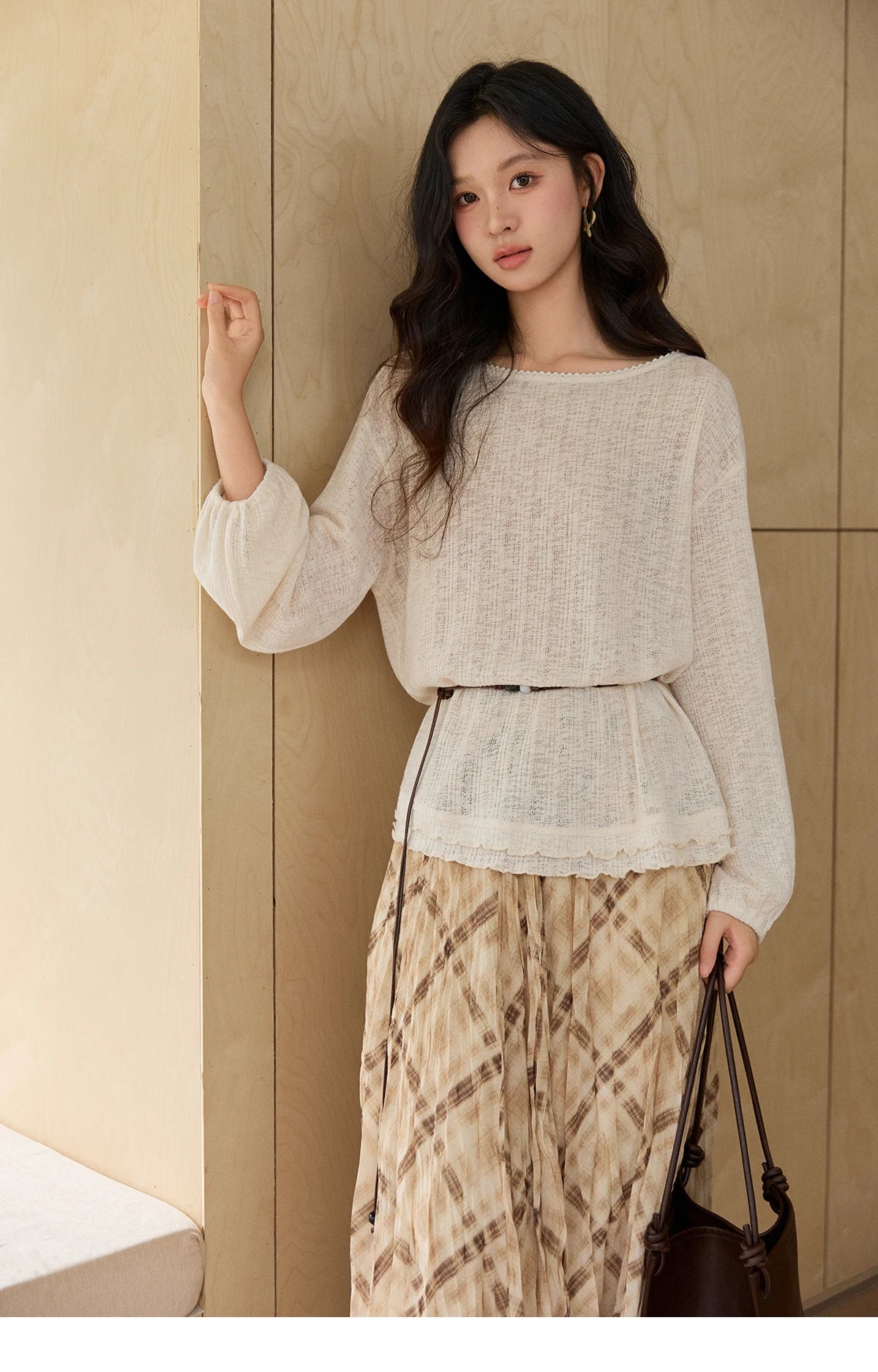 Mishow Lace Trim Boat Neck Knit Top with Belt MXF13Z3002
