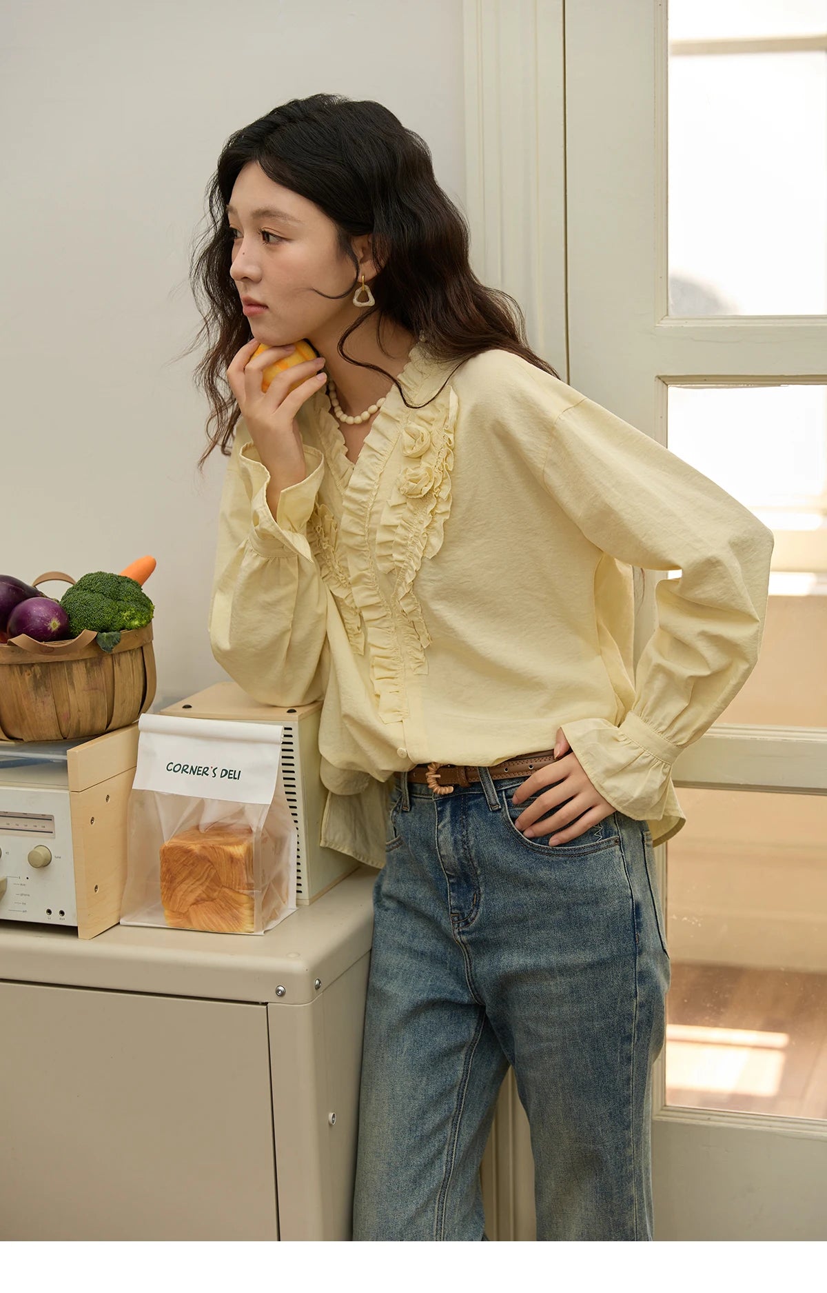 MISHOW Hand Sewn Rose Blouse Lantern Sleeves MXE44X2470