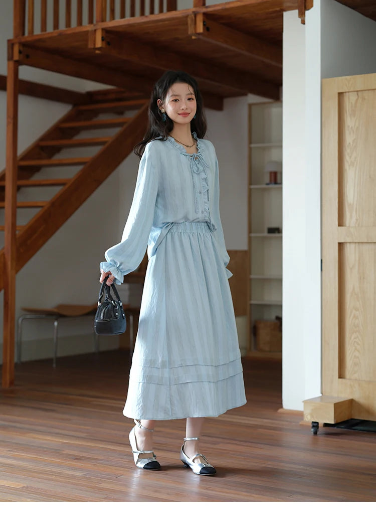 Mishow Light Blue Linen V-Neck Lace-Up Shirt & Elastic Skirt Set MXE41T0700