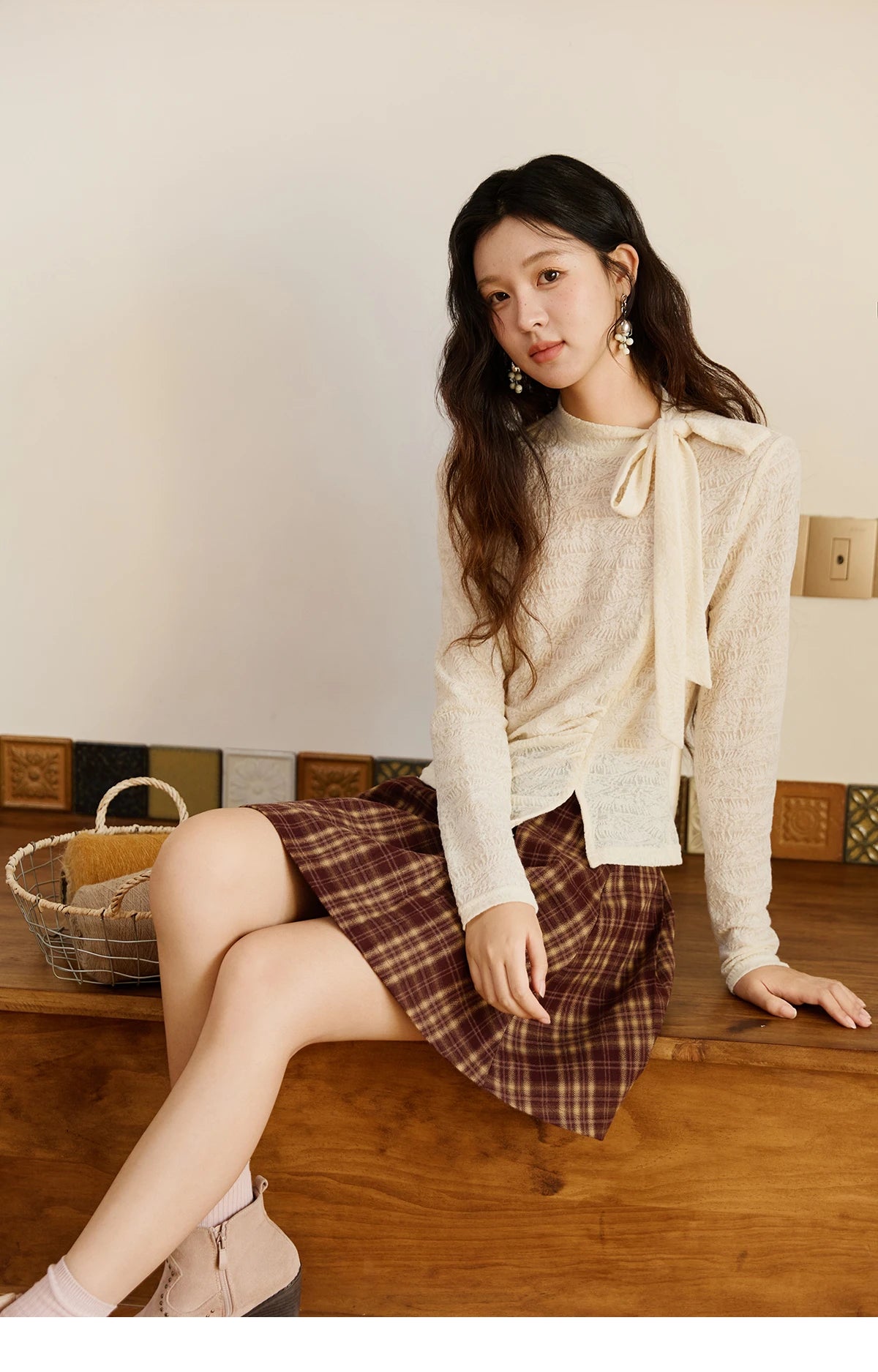 Mishow Apricot Retro Stand Neck Lace Up Bow Top MXE45Z1382