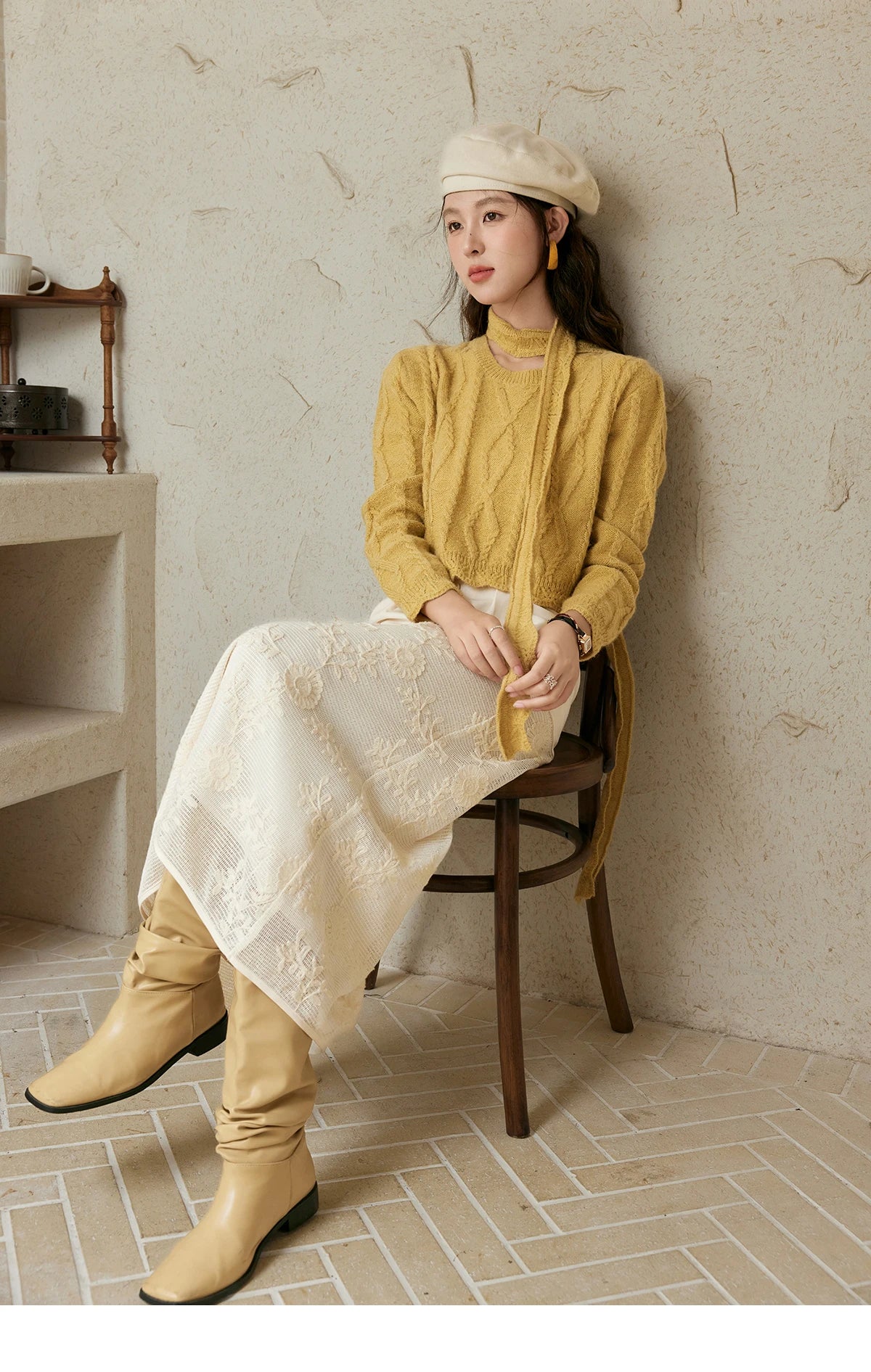MISHOW Romantic Lace Wave Knit Sweater with Belt MPD42Z0736