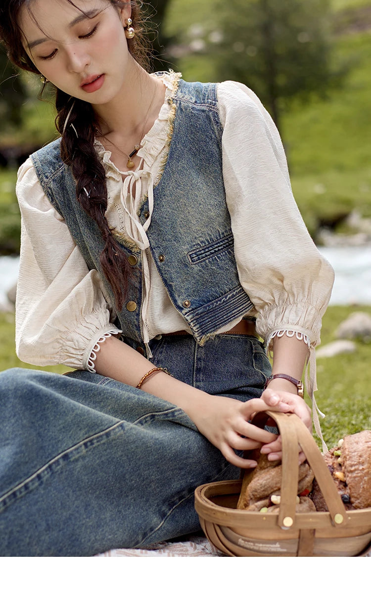 MISHOW Washed Hem Fringed Denim Midi Skirt A-Line Retro MXD41B0453