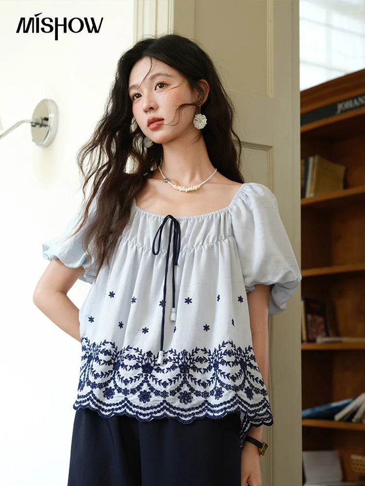 MISHOW Blue Print Blouse Square Neck Lace Up Puff Sleeve MXE36X1799