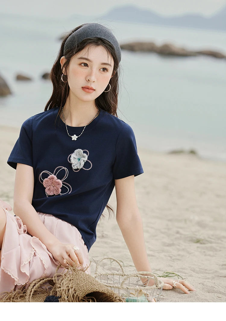 Mishow Flower Beaded Round Neck Tee MXE33T0499