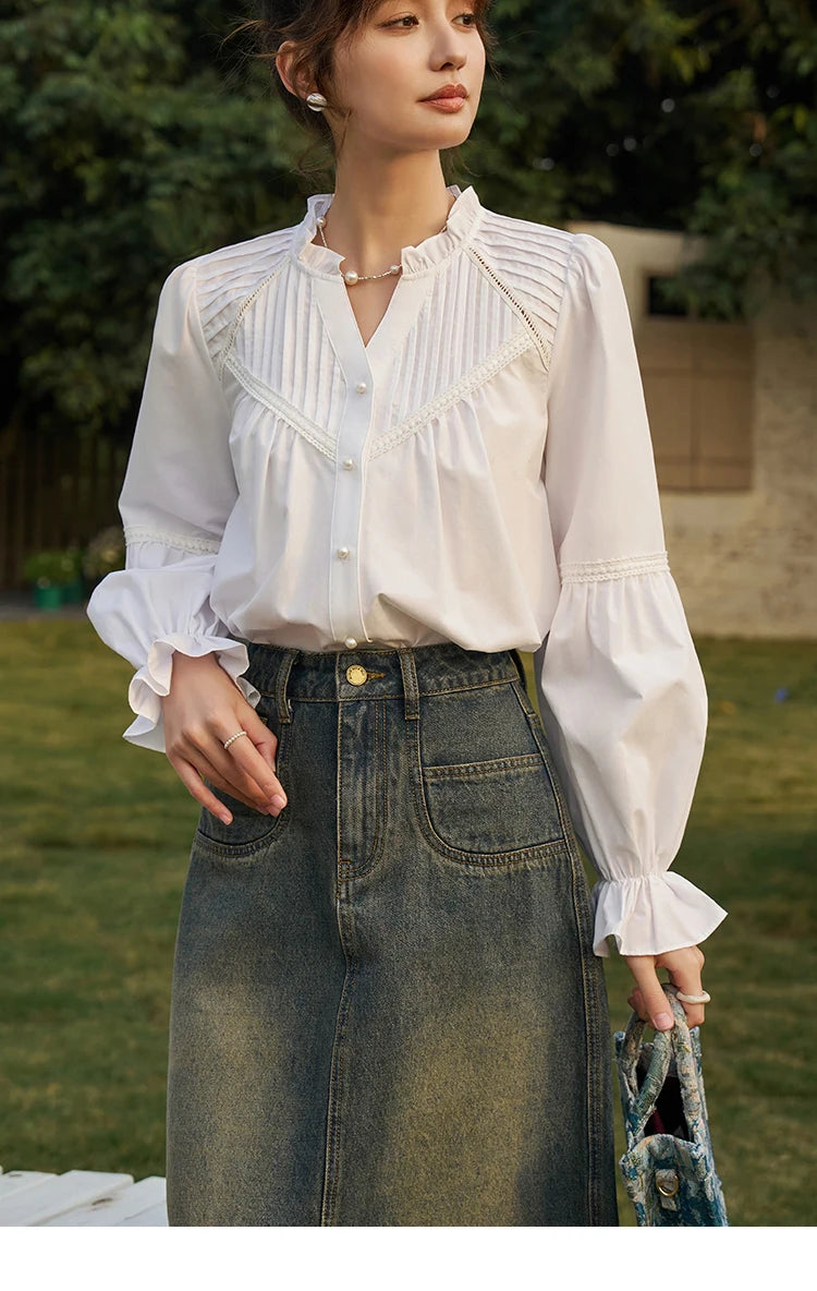MISHOW French Pleated V-Neck Shirt Petal Patchwork Ruffle Sleeve MXD13X1354