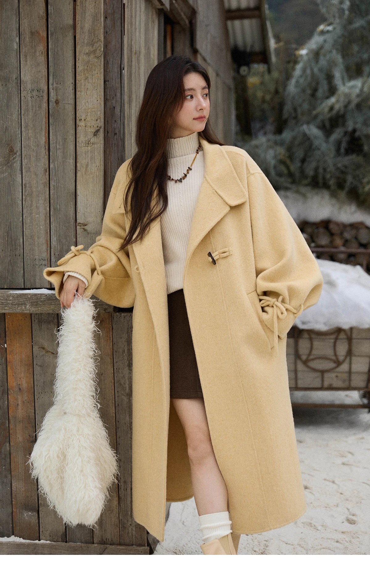 Mishow Yellow 100% Wool Double-Faced Turtleneck Coat MXE51W0902