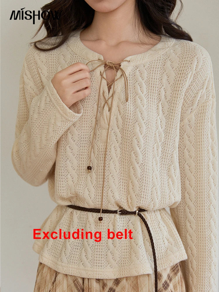Mishow Beige V-Neck Lace-Up Cable Knit Sweater MXF108Z1029