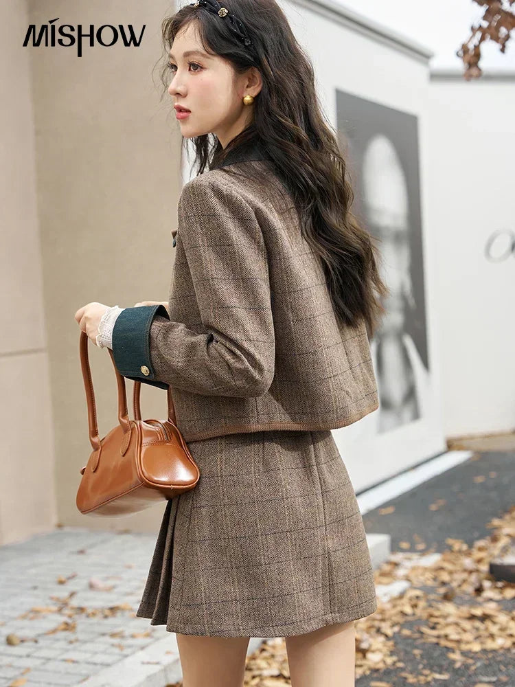 Mishow Fashion Retro Plaid Wool Jacket & Half Pleated Skirt Set MXC47W0154