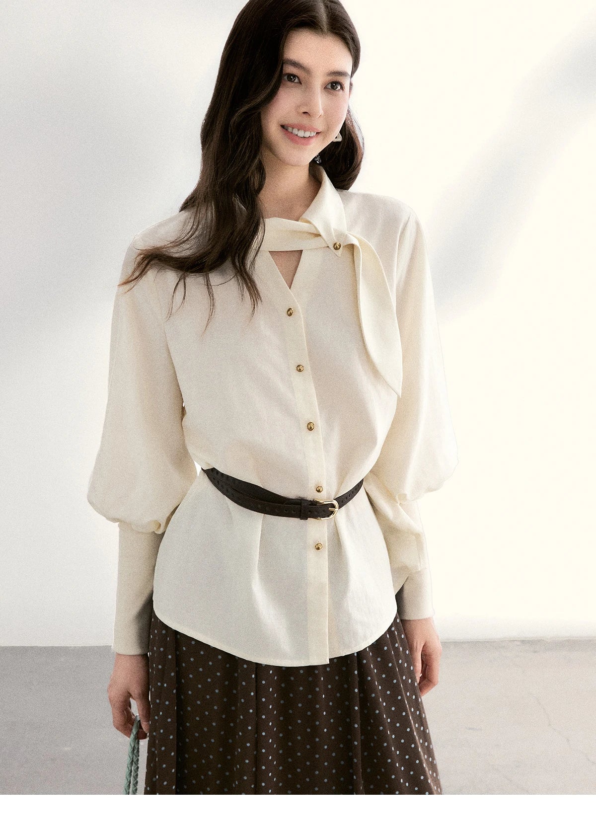 MISHOW Women's Tie Neck Shirt Hollow Out Knitted Patchwork Puff Sleeve MXF108C0812