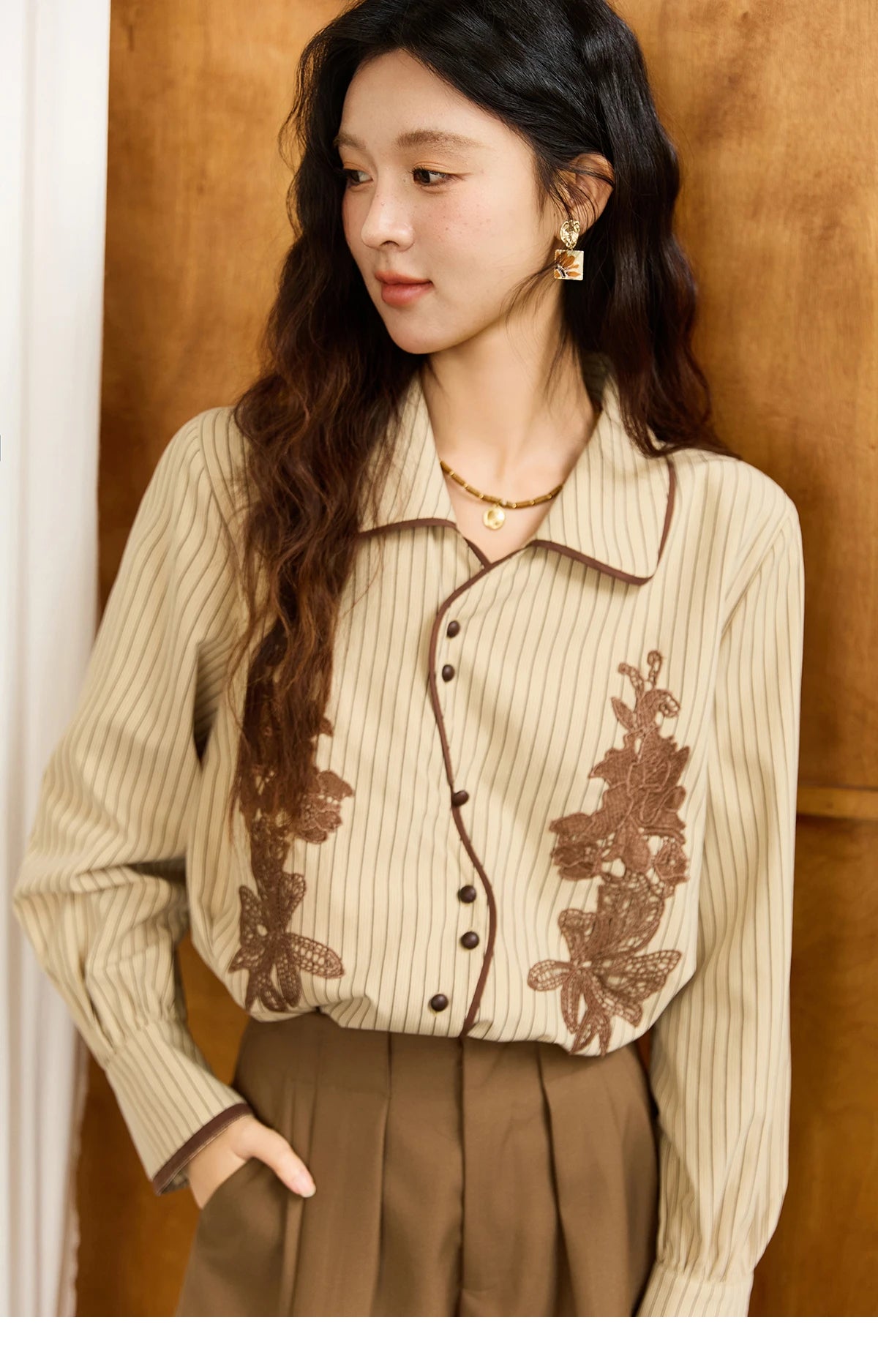 MISHOW Khaki Brushed Striped Shirt Lace Embroidered Asymmetric Placket MXE45C2402