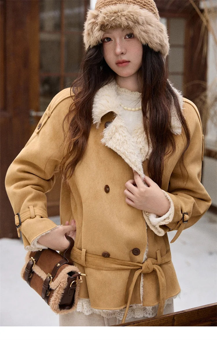MISHOW Suede Lambskin Fleece Coat Double Breasted Windproof MXE86W0907
