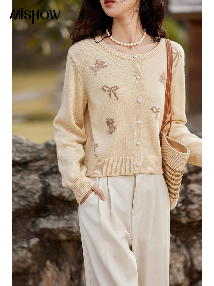 Mishow Yellow Dog Bow Jacquard Pearl Button Sweater MXE13Z1197