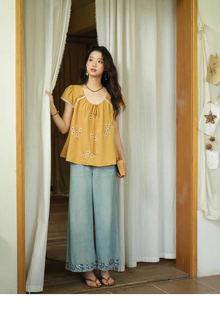 MISHOW Embroidery Flower Blouse O-Neck Lace Up Flying Sleeve MXE39X1880
