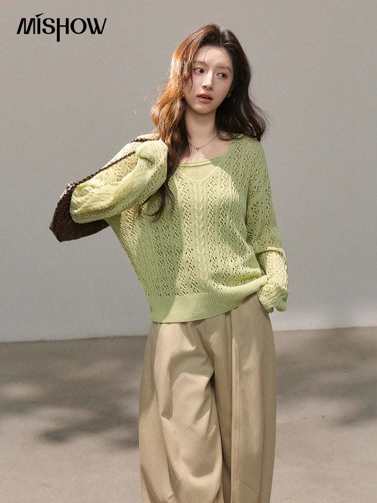 Mishow Green Hollow Cable Knit Top & Camisole Set MXF16T1524