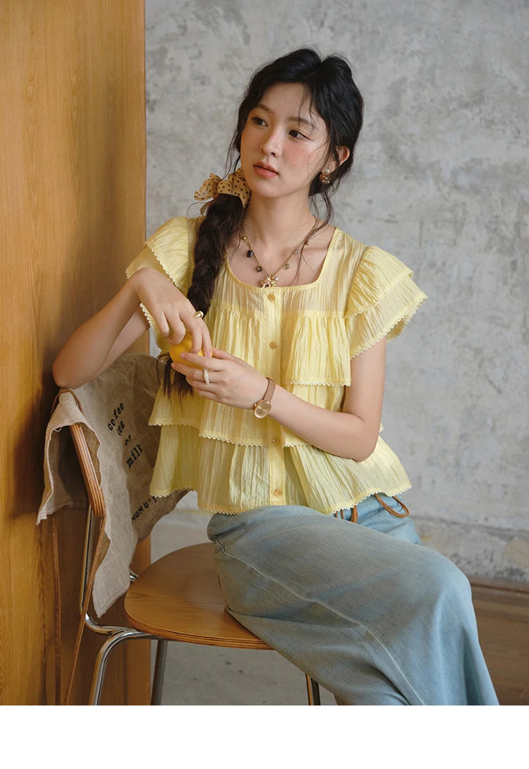 MISHOW Butterfly Sleeve Chiffon Shirt Square Neck Button MXD30X1488