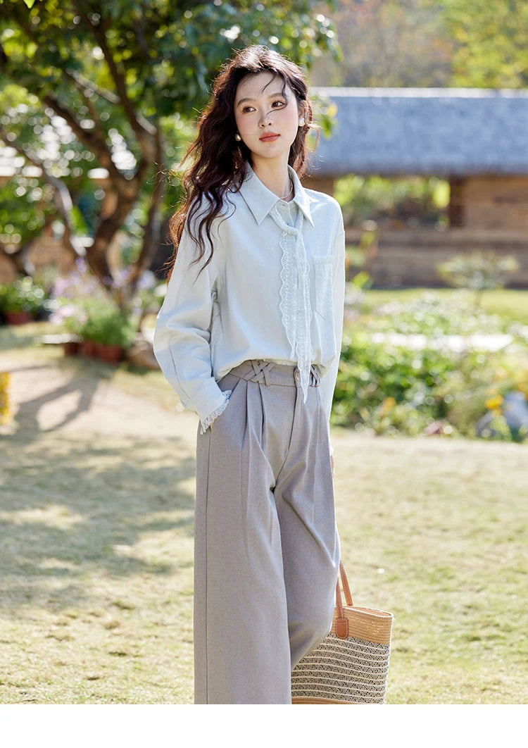 MISHOW Lace Trim Blouse Turn-Down Collar MXE16C0760