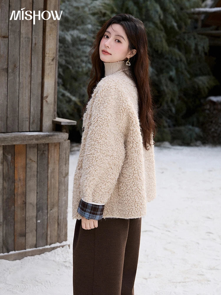 Mishow Plaid Patchwork Curly Lambswool Coat MXE87W0939