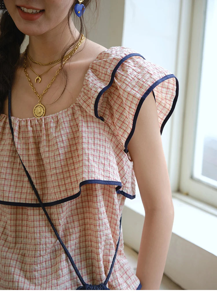 Mishow Square Neck Ruffles Plaid Blouse & High Waist Wide Leg Pants Set MXE36T0636