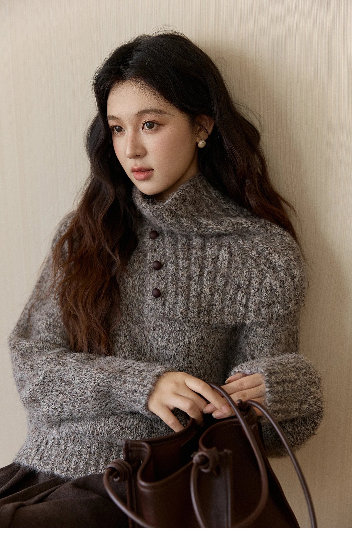 Mishow Gray Textured Button Sweater with Neckwear Scarf MXE94Z2978