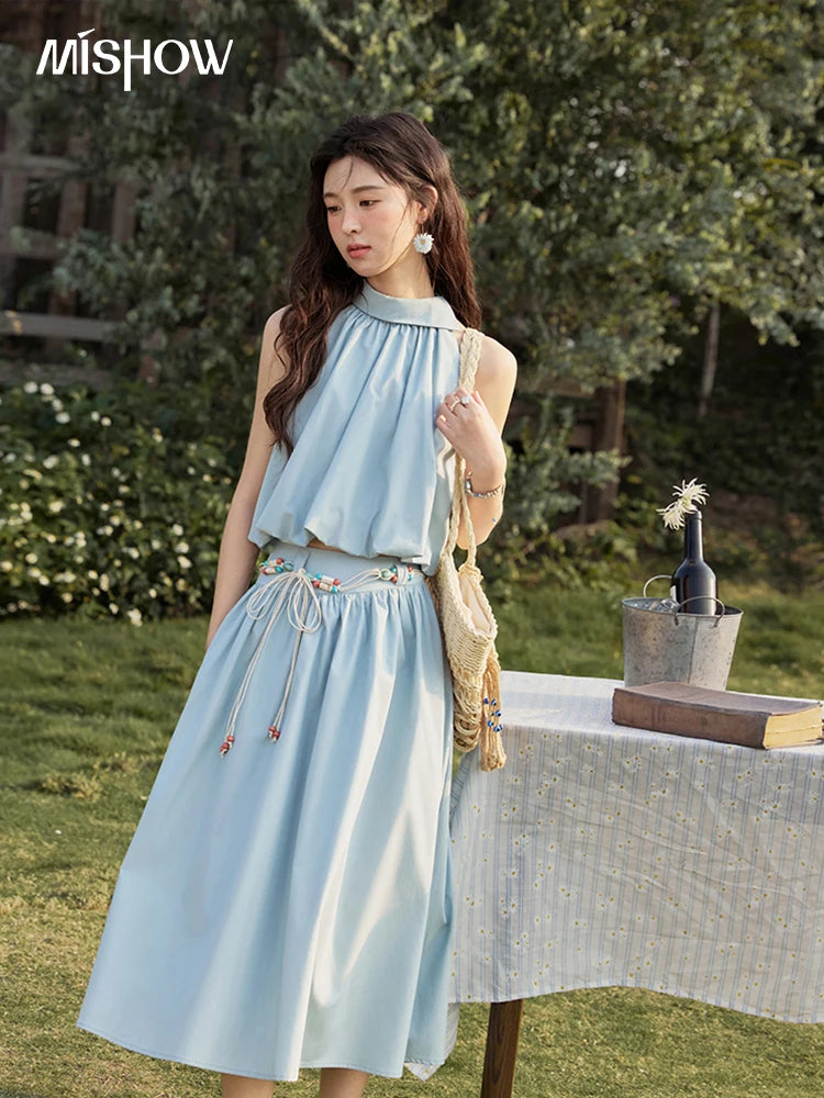Mishow Solid Halter Neck Top & Midi Skirt Set with Belt MXE33T0546