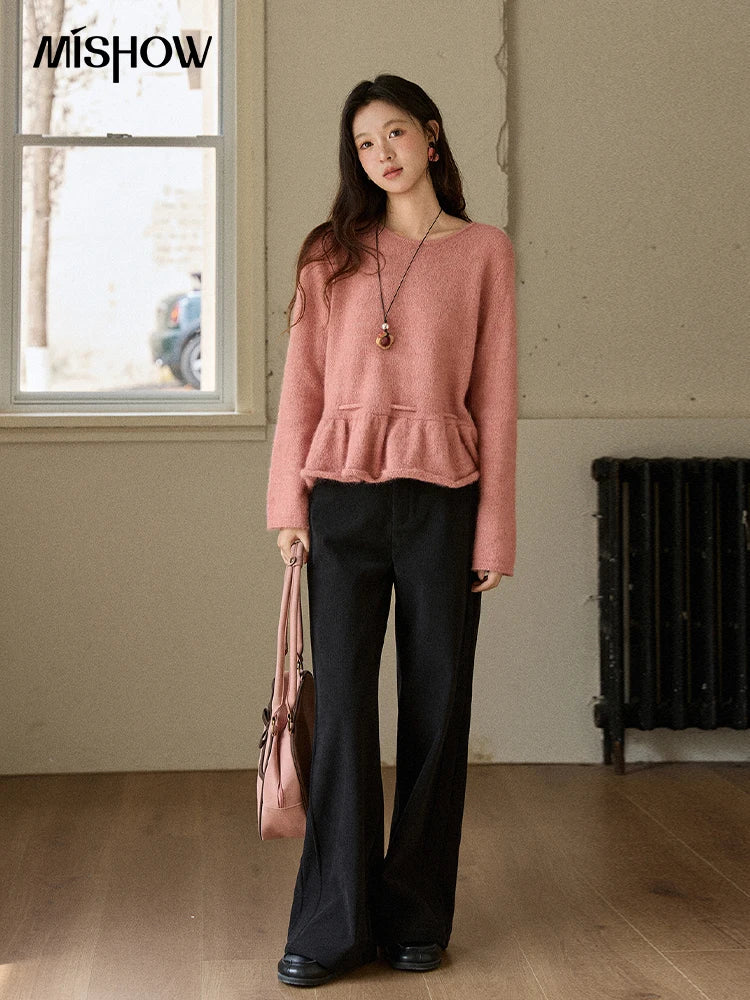 Mishow French Pink Ruffled Hem Pullover with Drawstring Belt MXE90Z2824