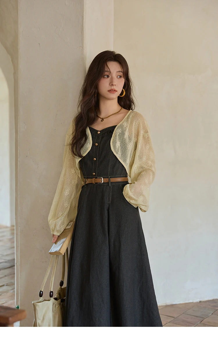 Mishow Lantern Sleeve Cardigan & Denim Strap Dress Set MXE41T0704